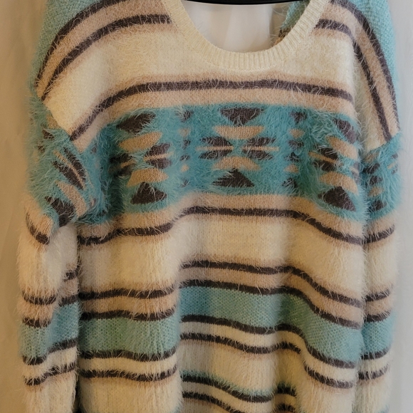 Xhilaration Sweaters - Xhilaration Fuzzy Striped Sweater - Cream and Blue